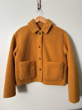 UNIQLO Teddy/Fleece Coat, Cropped yellow mustard button up collared jacket
